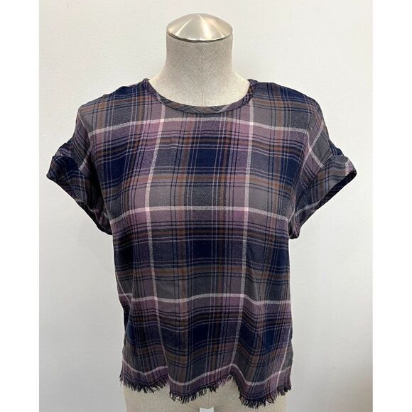Anthropologie Cloth & Stone Short Sleeve Plaid Shirt in Purple Size XS - Picture 1 of 3